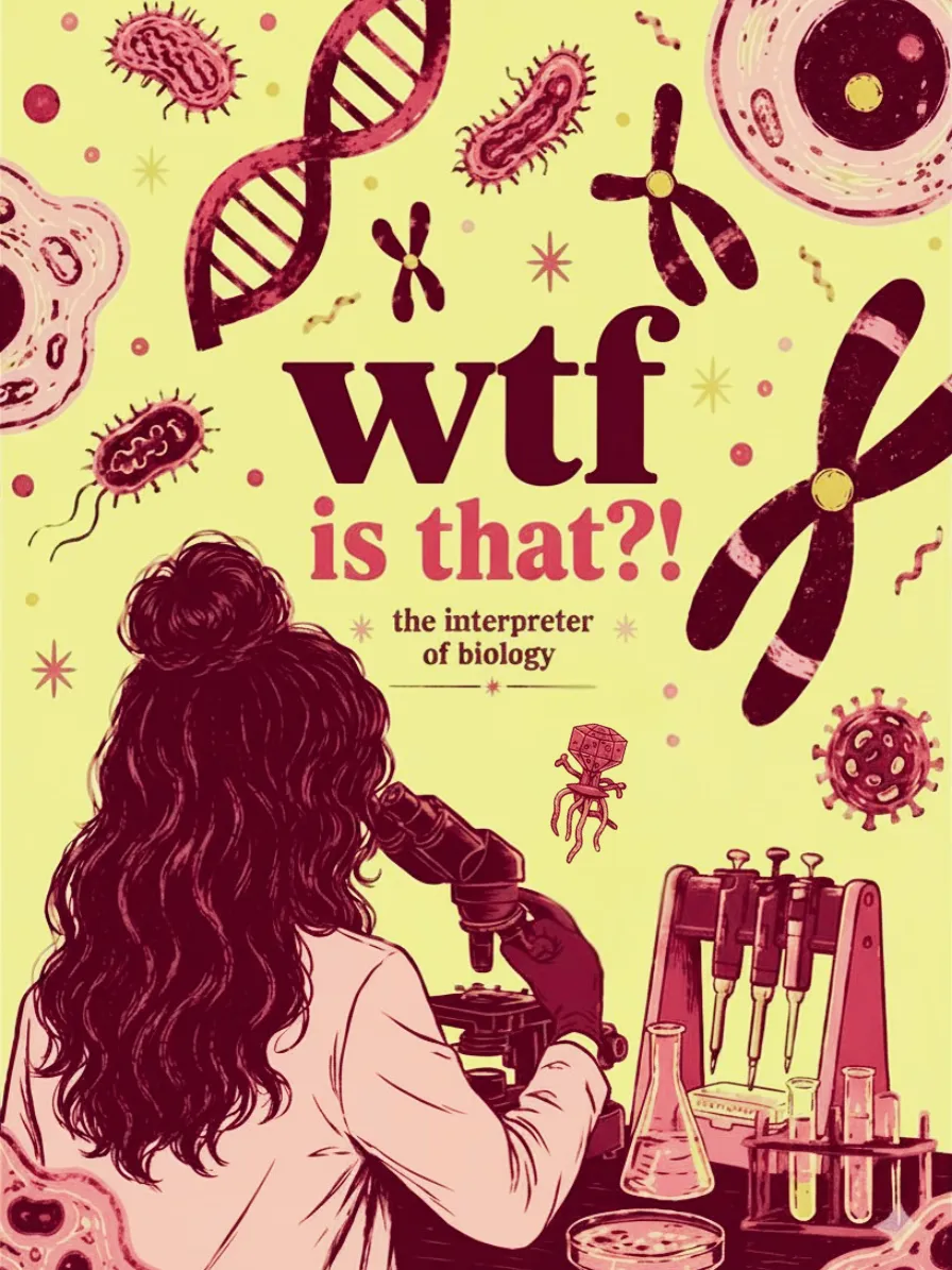 A scientist at a microscope surrounded by DNA, chromosomes, cells and lab flasks, captioned 'wtf is that?! — the interpreter of biology'.